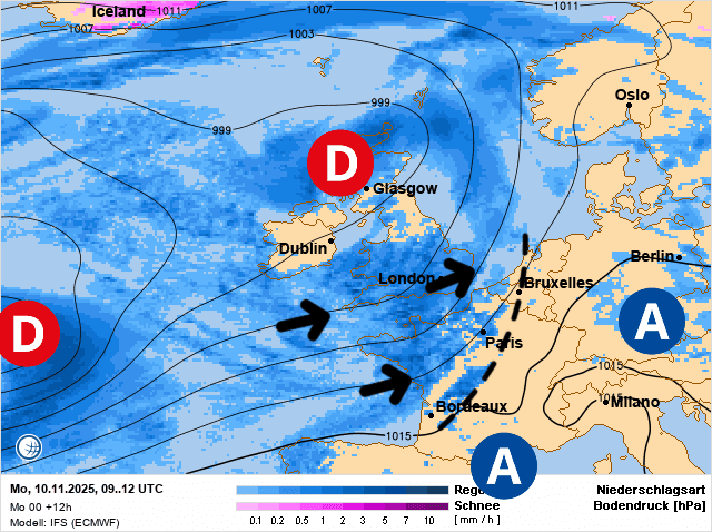 Carte de prévisions d'europe du Lundi 10 novembre 2025