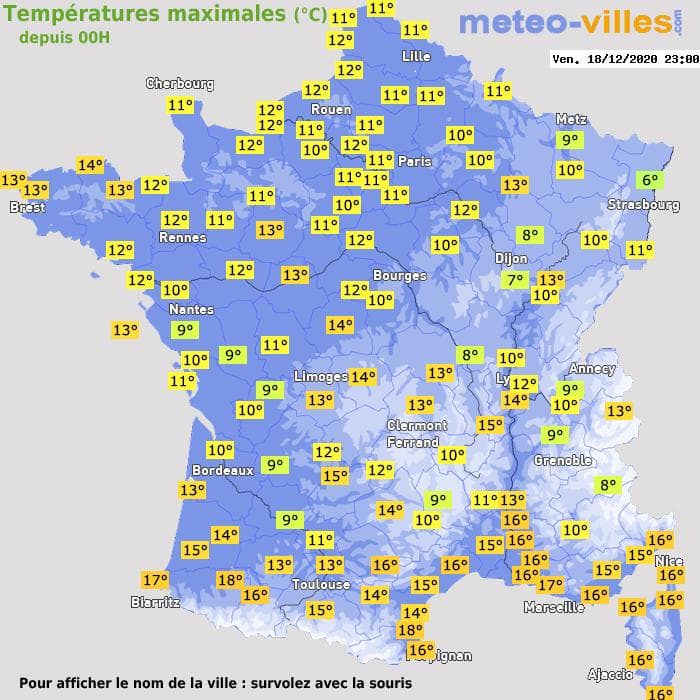 Températures maximales (°C) depuis 00h