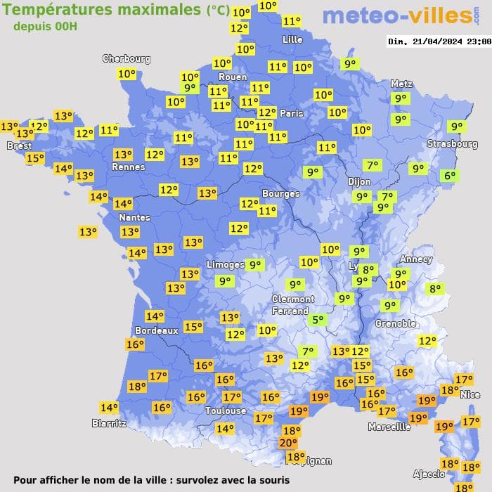 Températures maximales (°C) depuis 00h