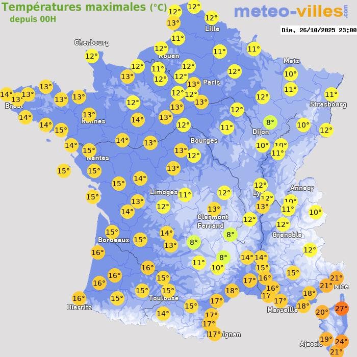 Températures maximales (°C) depuis 00h