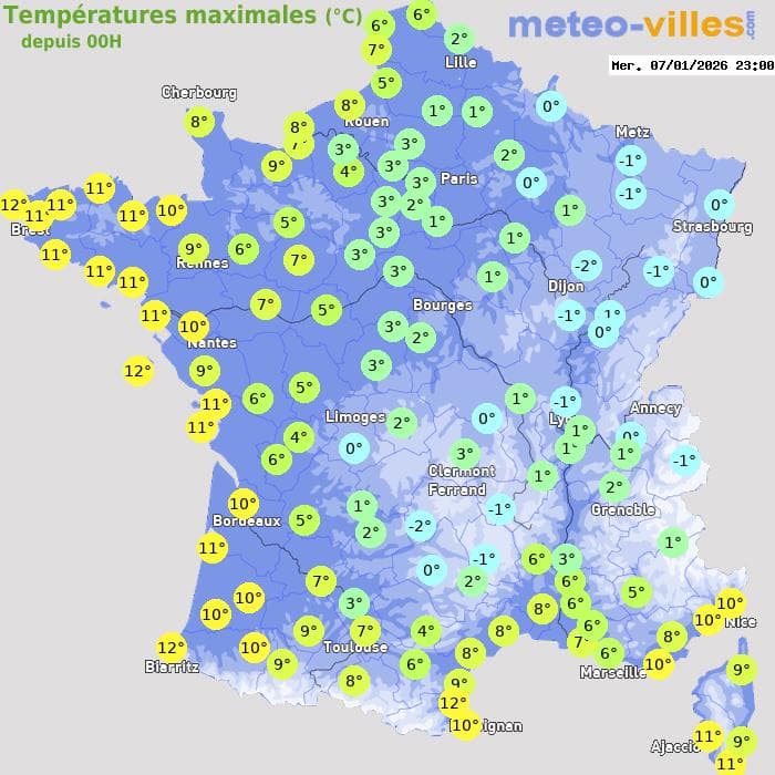 Températures maximales (°C) depuis 00h