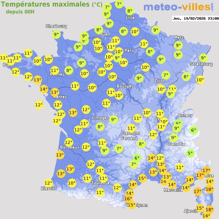 Températures maximales (°C) depuis 00h