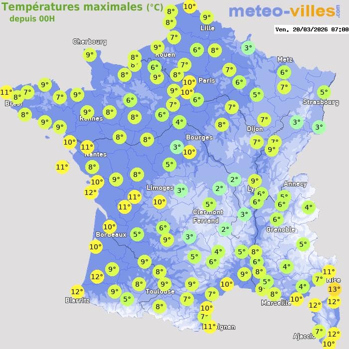 Températures maximales (°C) depuis 00h