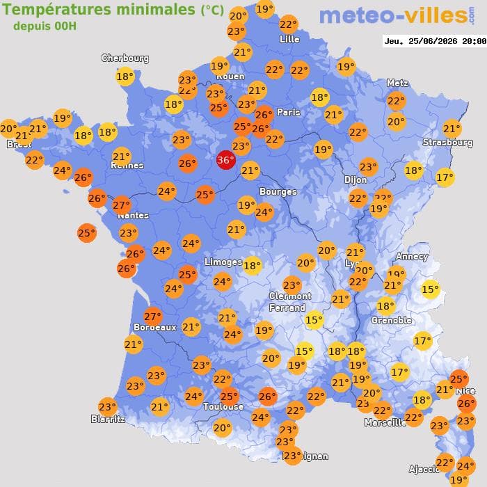Températures minimales (°C) depuis 00h