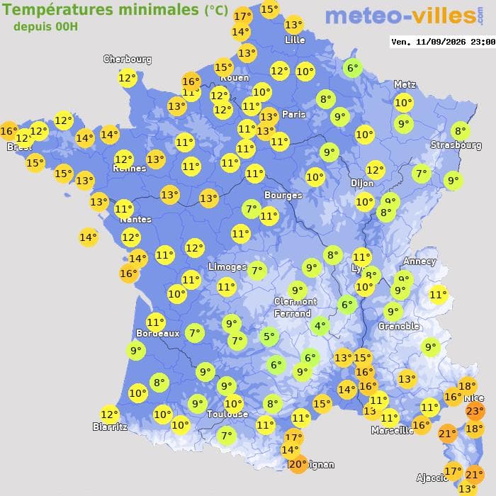 Températures minimales (°C) depuis 00h