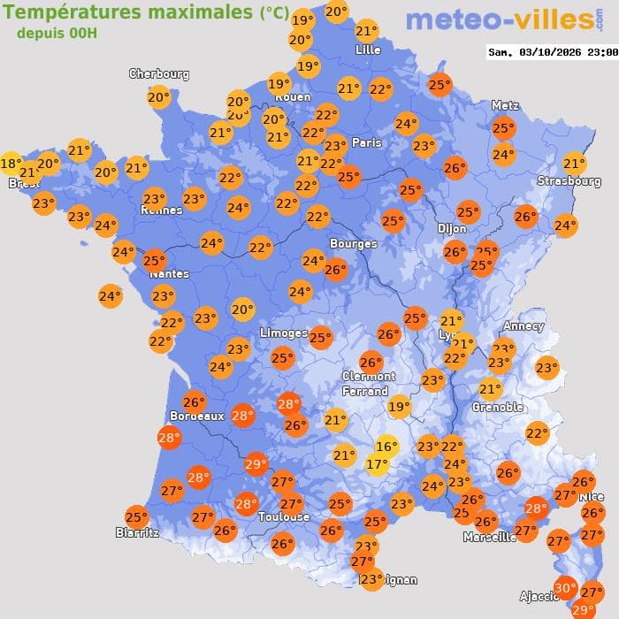 Températures maximales (°C) depuis 00h