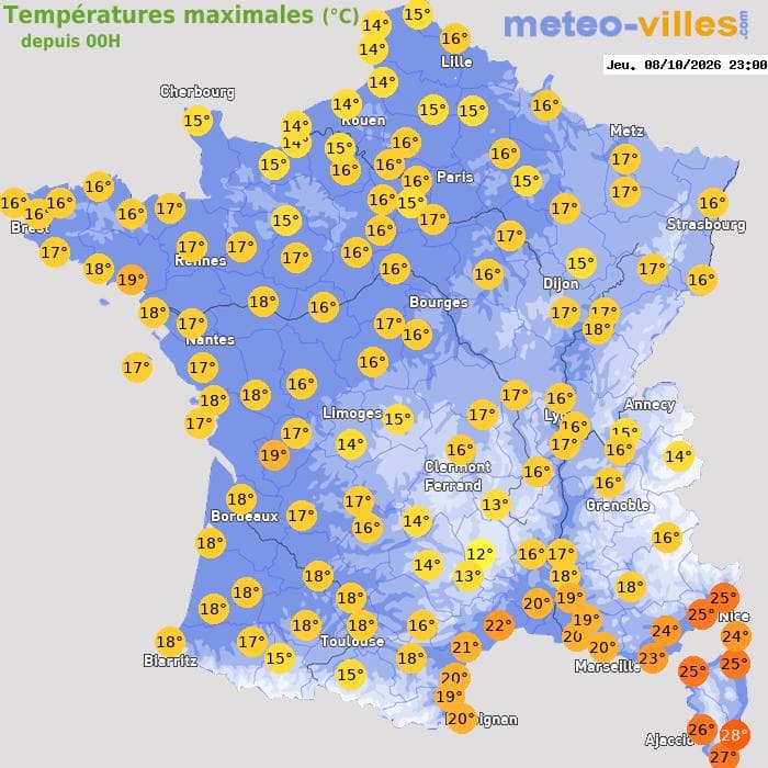 Températures maximales (°C) depuis 00h