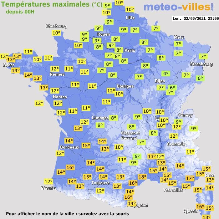 Températures maximales (°C) depuis 00h