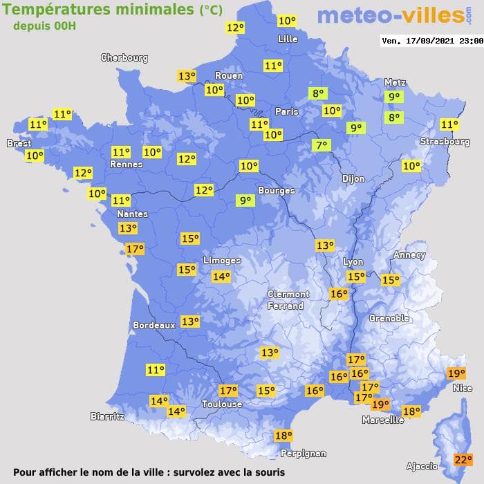 Températures minimales (°C) depuis 00h