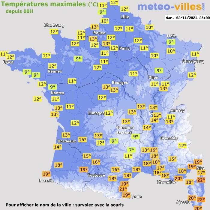 Températures maximales (°C) depuis 00h