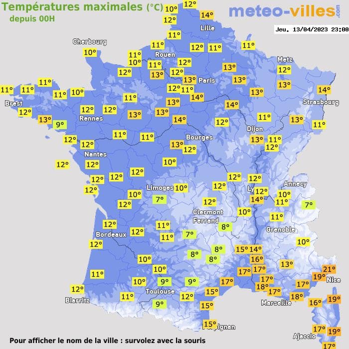 Températures maximales (°C) depuis 00h