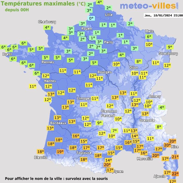 Températures maximales (°C) depuis 00h