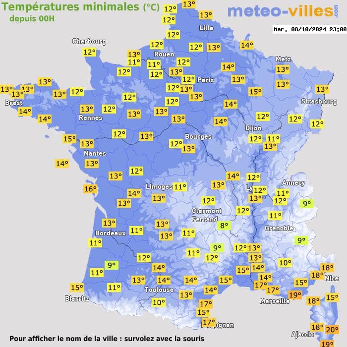 Températures minimales (°C) depuis 00h