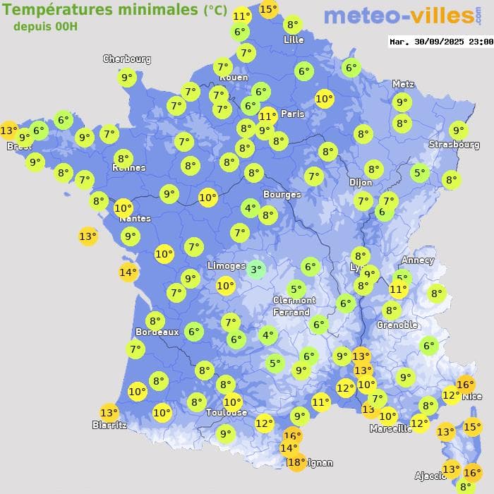 Températures minimales (°C) depuis 00h