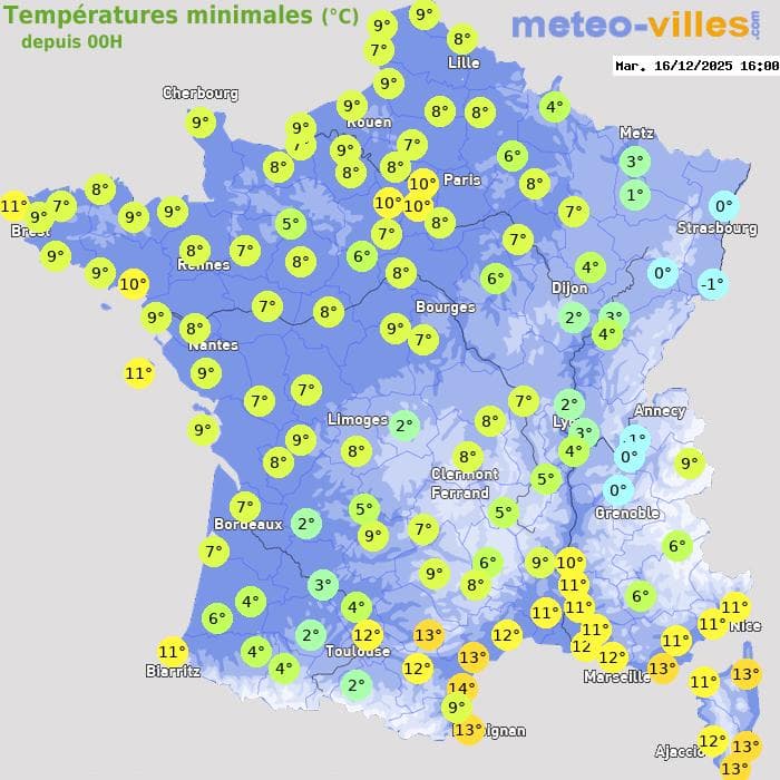 Températures minimales (°C) depuis 00h