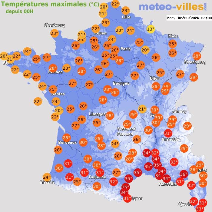 Températures maximales (°C) depuis 00h